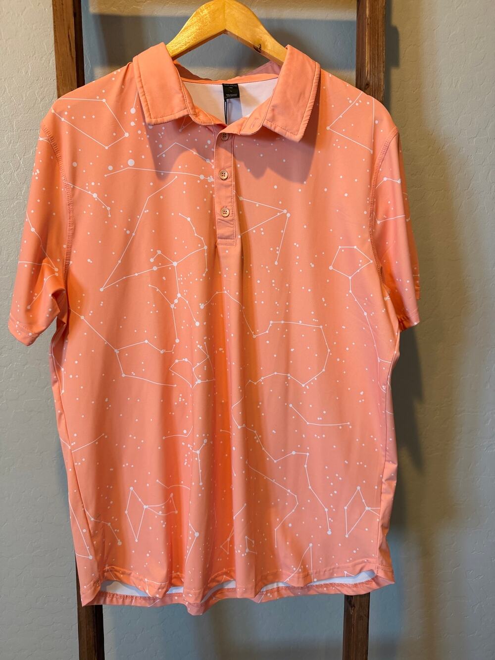 Pillar Athletics Liam Stars Golf Polo Orange Constellation Print NWT astrology L